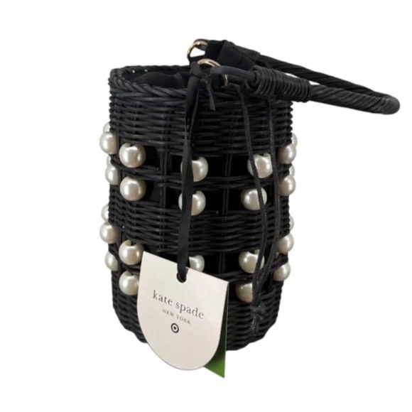 Kate Spade Target Pearl Embellished Black Woven Basket Bucket Bag Purse NWT - Picture 4 of 9